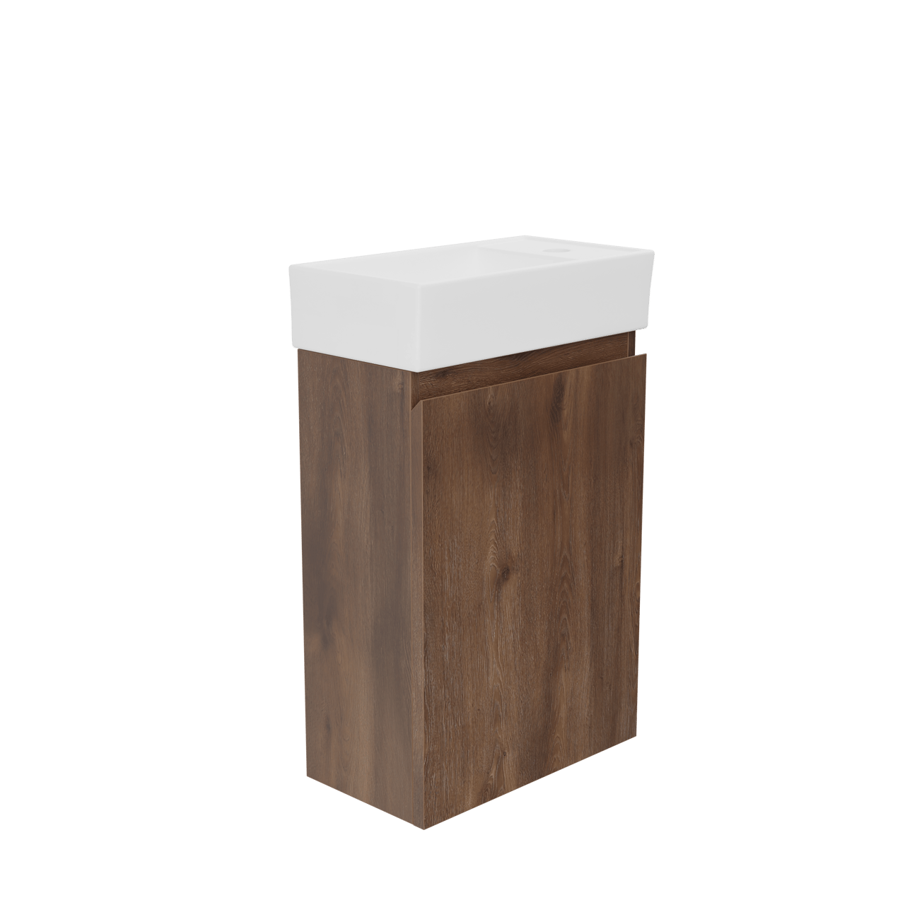 Linie Lado hängendes WC-Möbel-Set, 40 x 22 cm, braune Eiche, mit Baro Waschtisch, glänzend weiße keramik