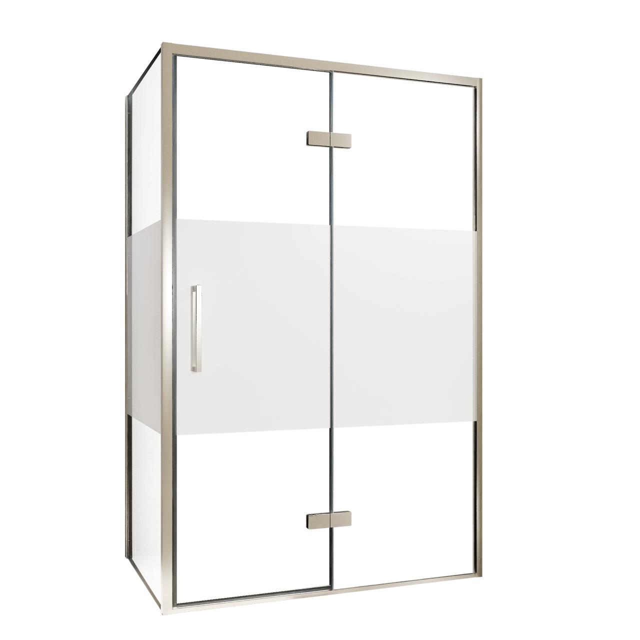 Balmani Senses Design douche en coin avec porte pivotante à droite et paroi latérale fixe, 120 x 90 cm, Verre transparent avec bande matte, Profil Brushed CoolMetal