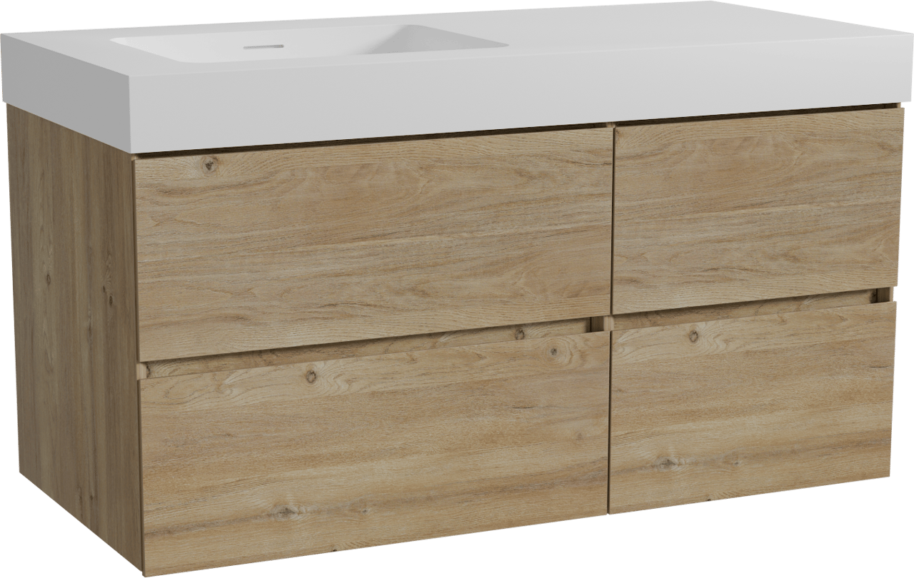 Storke Edge hängendes Möbelstück Set: 110 x 52 cm, Rohe Eiche, mit Mata High Waschtisch links, Solid Surface Weiß matt