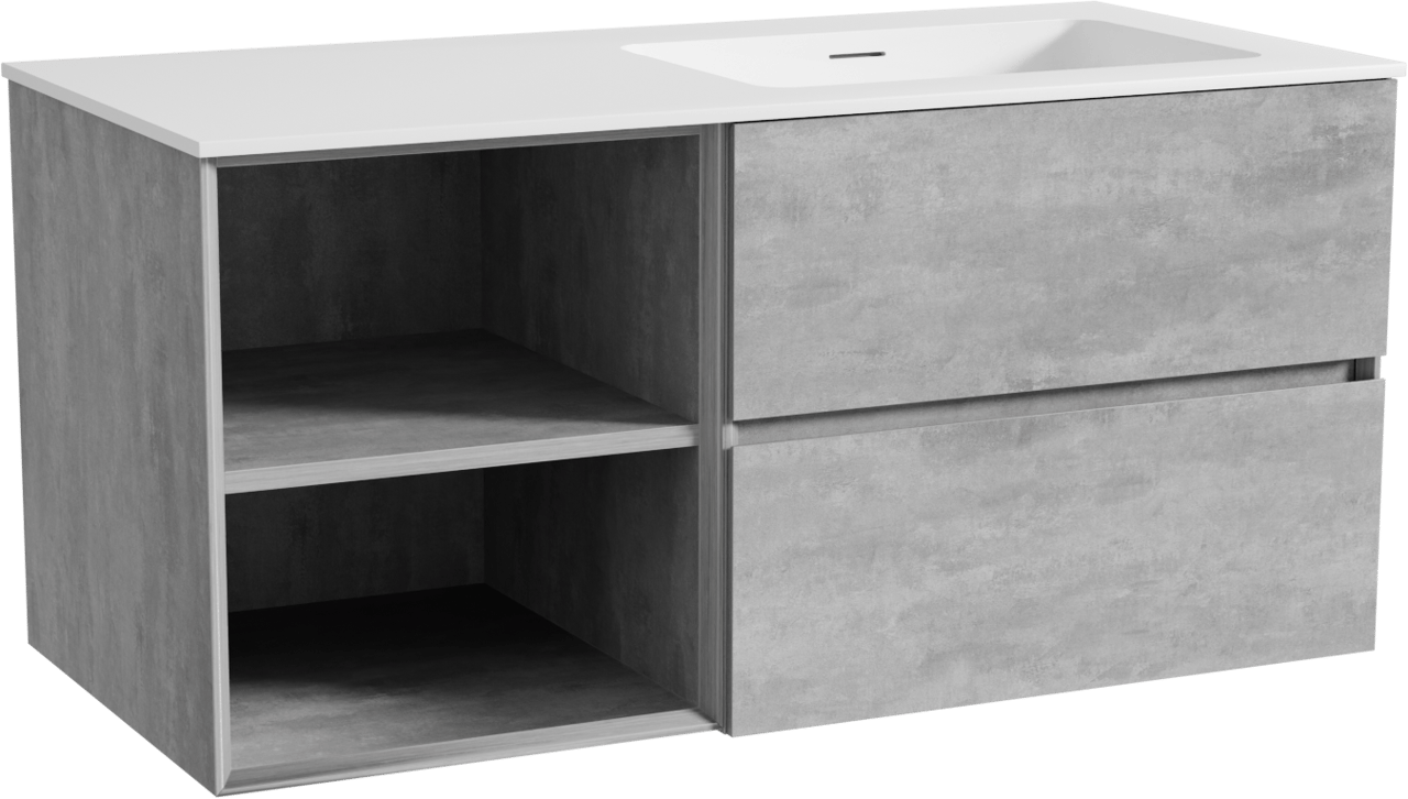 Storke Edge meuble salle de bains suspendu 110 x 52 cm béton gris foncé avec Mata plan vasque asymétrique à droite en solid surface blanc mat