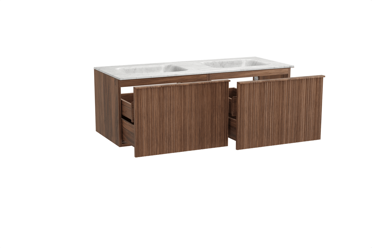 Balmani Forma zwevend badmeubel 135 x 55 cm amerikaans notenhout met Tablo Arcato dubbele wastafel in marmer carrara, Verticale asymmetrische ronde ribbel