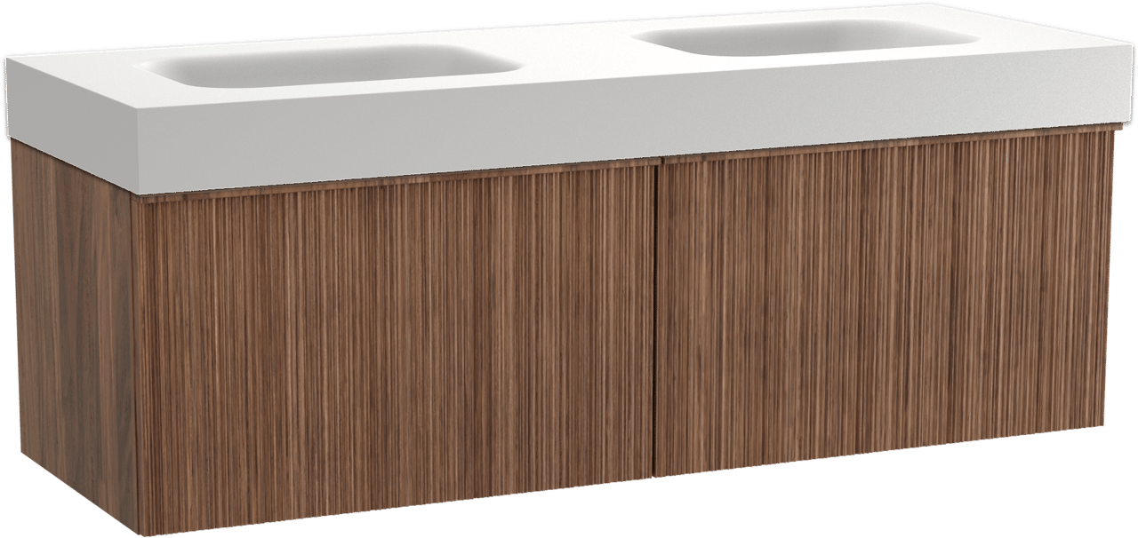 Balmani Forma zwevend badkamermeubel 150 x 55 cm amerikaanse notelaar met Arcato dubbele wastafel in solid surface mat wit, Verticale asymmetrische ronde ribbel