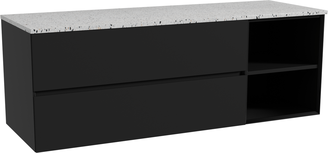 Storke Edge meuble salle de bains suspendu 150 x 52 cm noir mat avec Tavola tablette simple ou double en blanc/noir mat terrazzo