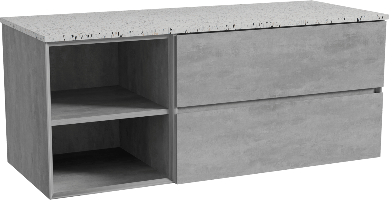Storke Edge zwevend badkamermeubel 130 x 52 cm beton donkergrijs met Tavola enkel of dubbel tablet in mat wit/zwart terrazzo