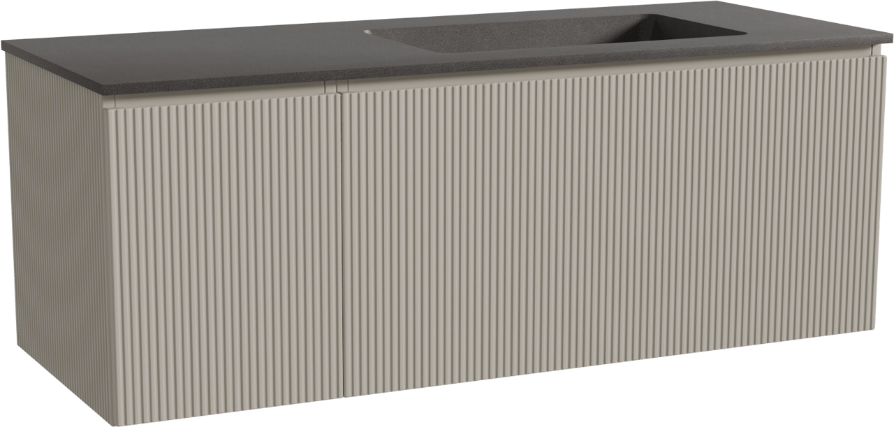 Storke Ribs zwevend badmeubel 130 x 52 cm zijdegrijs met Scuro asymmetrisch rechtse wastafel in kwarts mat zwart, Verticale symmetrische rechte ribbel