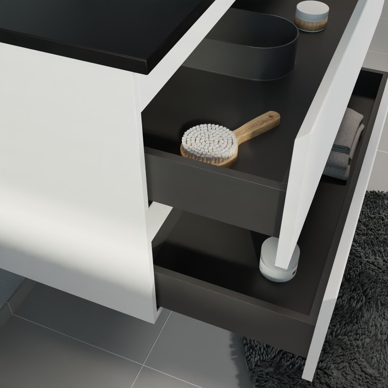 Linie Lado meuble salle de bains suspendu 70 x 46 cm blanc mat avec Vano plan simple en marbre composite noir mat