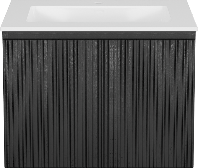 Storke Ribs zwevend badmeubel 65 x 52 cm zwart eiken met Bilia enkele wastafel in composietmarmer hoogglans wit, Verticale asymmetrische rechte ribbel