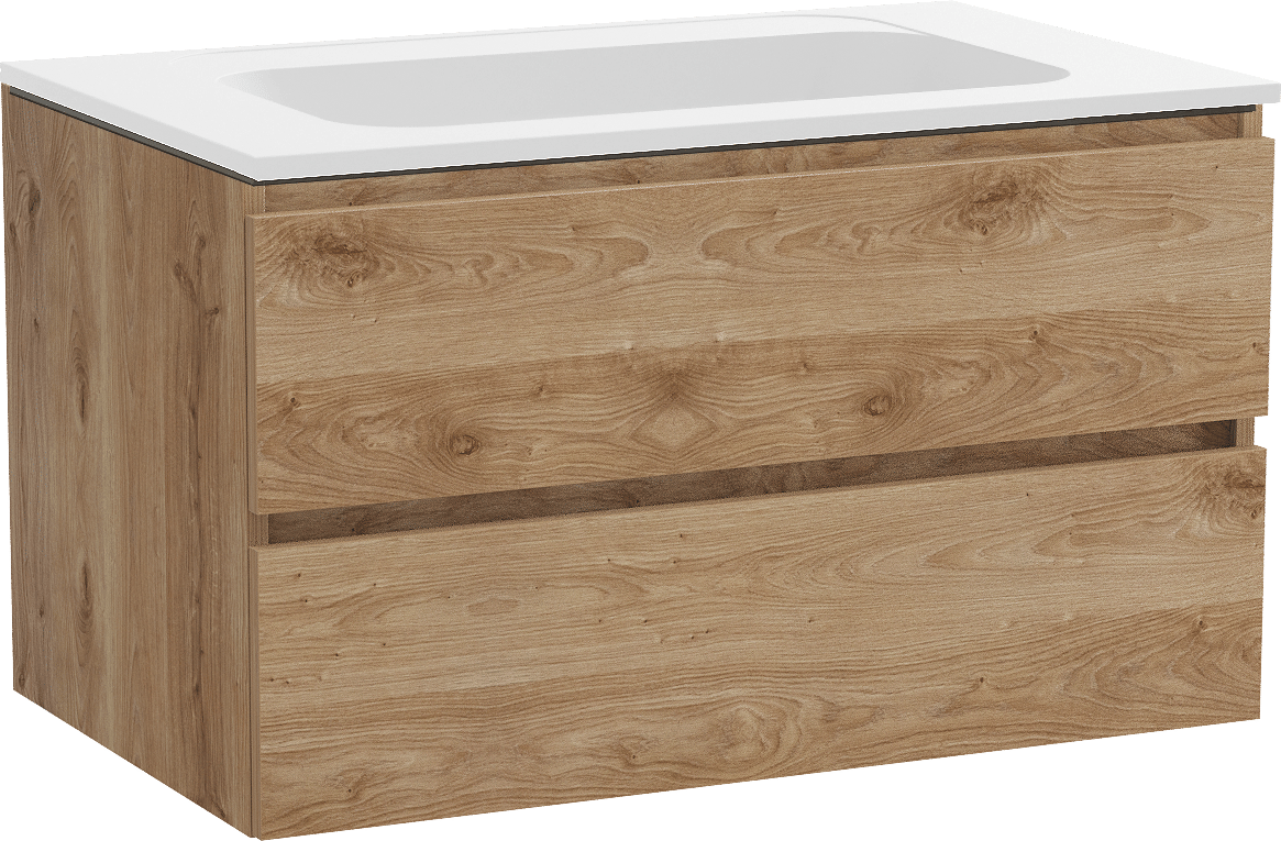 Balmani Lucida meuble salle de bains suspendu 90 x 55 cm chêne brut avec Tablo Strada plan simple en marbre composite blanc mat