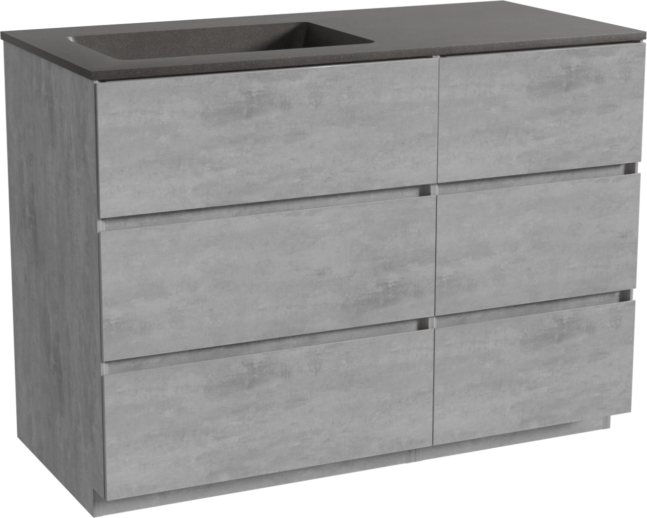 Storke Edge staand badkamermeubel 110 x 52 cm beton donkergrijs met Scuro asymmetrisch linkse wastafel in kwarts mat zwart