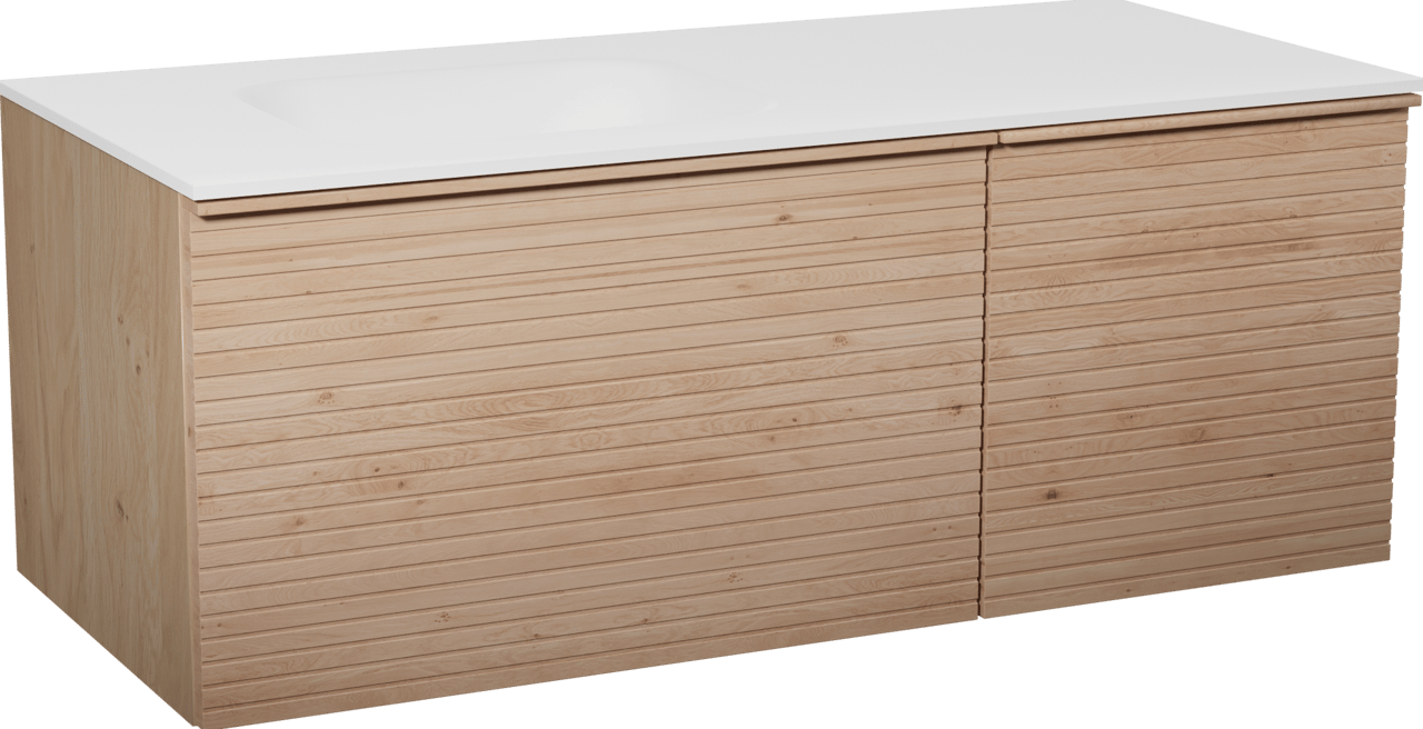 Balmani Forma hängendes Möbelstück Set: 120 x 55 cm, Naturbelassene Eiche, mit Tablo Arcato Waschtisch links, Solid Surface, Weiß matt, Horizontale symmetrische gerade Rippe
