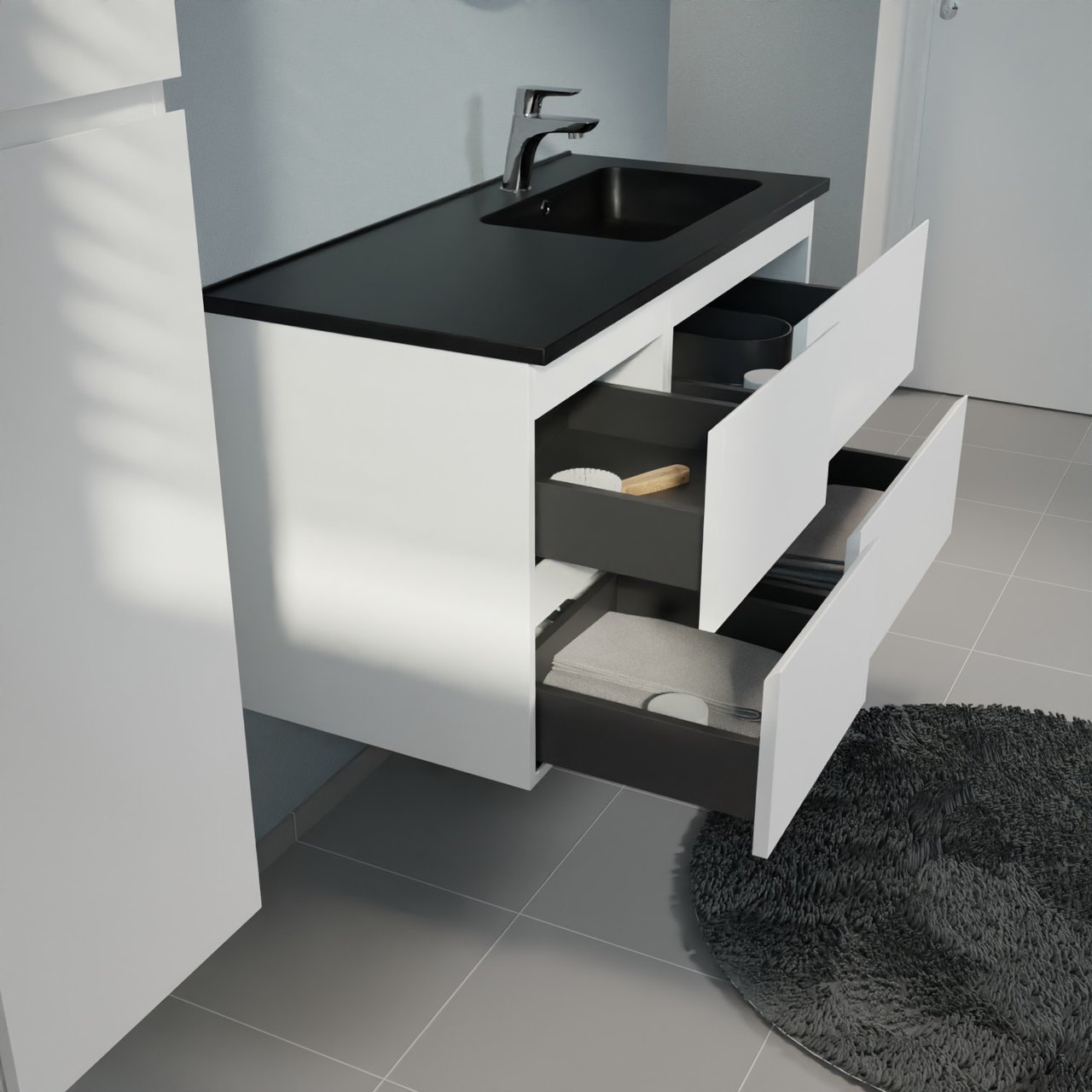 Linie Lado meuble salle de bains suspendu 100 x 46 cm blanc mat avec Vano vasque asymétrique droite en marbre composite noir mat