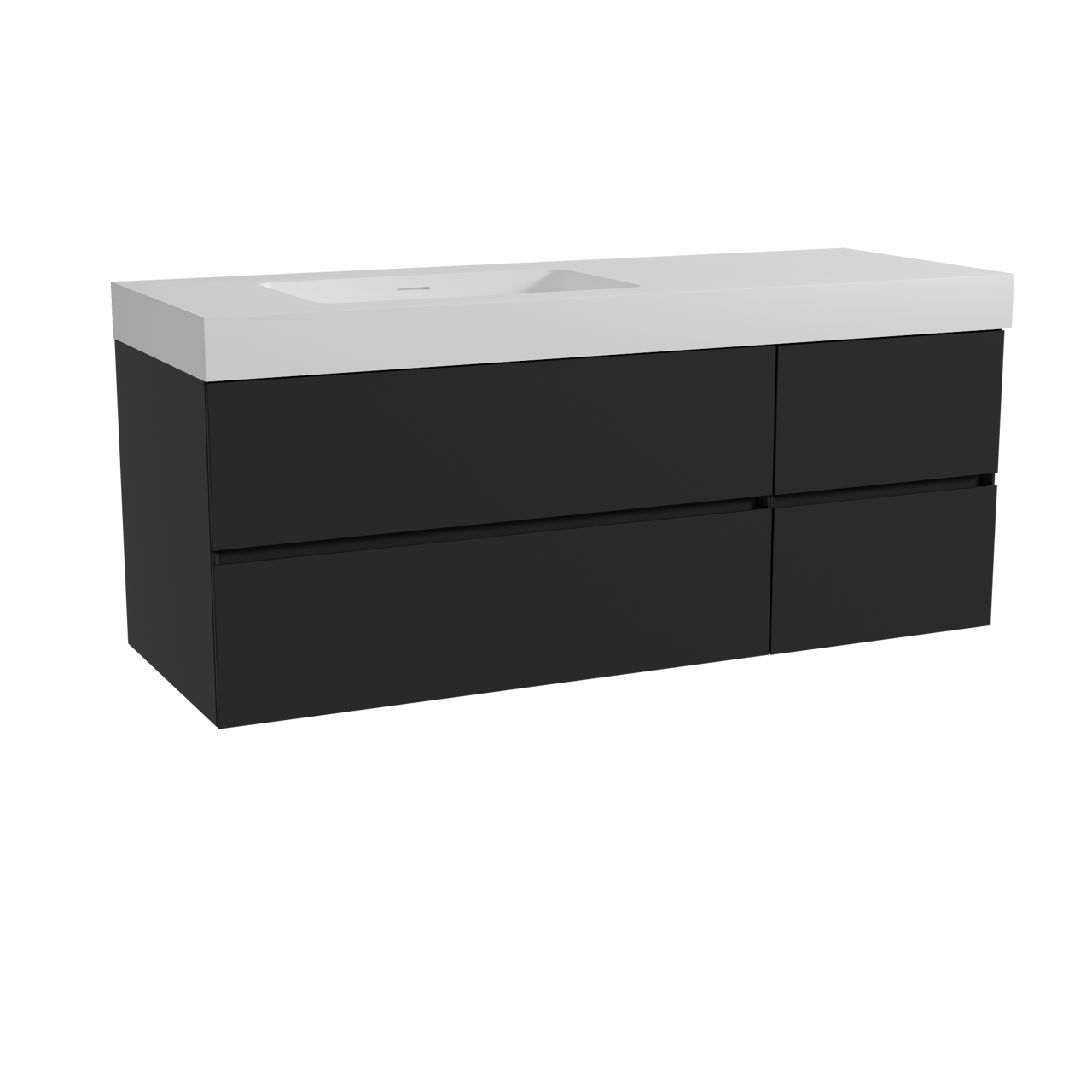 Storke Edge hängendes Möbelstück Set: 140 x 52 cm, Schwarz matt, mit Mata High Waschtisch links, Solid Surface Weiß matt