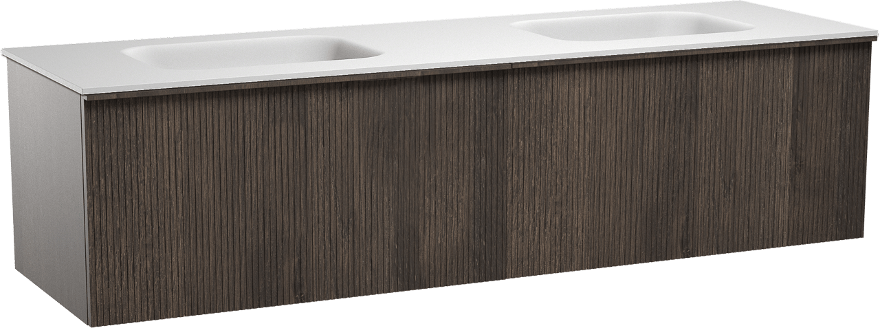 Balmani Forma zwevend badkamermeubel 180 x 55 cm gerookte eik met Tablo Arcato dubbele wastafel in solid surface mat wit, Verticale symmetrische rechte ribbel