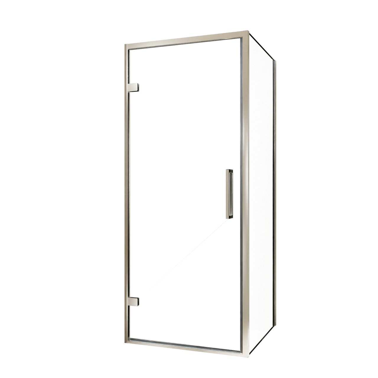 Balmani Senses Design douchehoek met linkse draaideur en vaste zijwand, 90 x 100 cm, Helder glas, Brushed CoolMetal profielen
