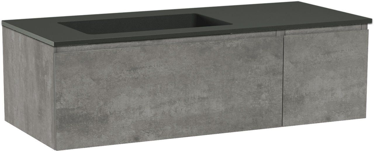 Storke Edge meuble salle de bains suspendu 120 x 52 cm béton gris foncé avec Scuro plan vasque asymétrique à gauche en quartz noir mat