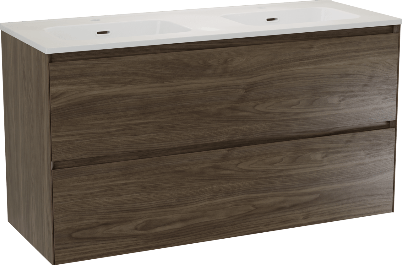 Balmani Mitra Compact meuble salle de bains suspendu 120 x 46 cm Noyer américain avec Nostra double vasque en porcelaine blanc brillant