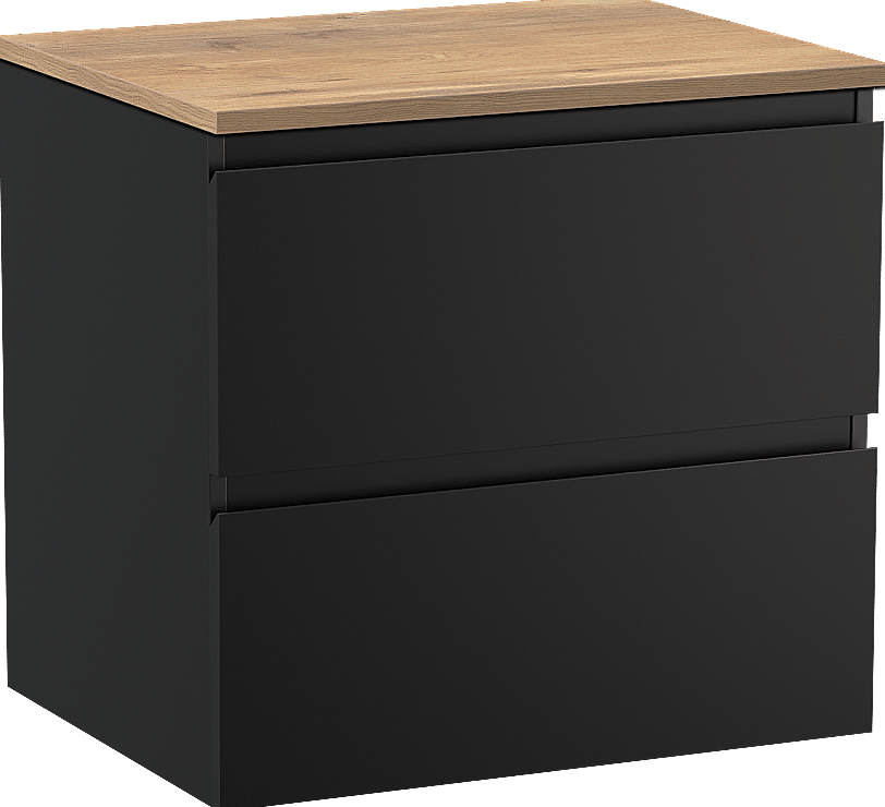 Linie Lado hängendes Möbelstück Set: 60 x 46 cm, Schwarz matt, mit Lado Einzel Waschtischplatte, Melamin Naturbelassene Eiche