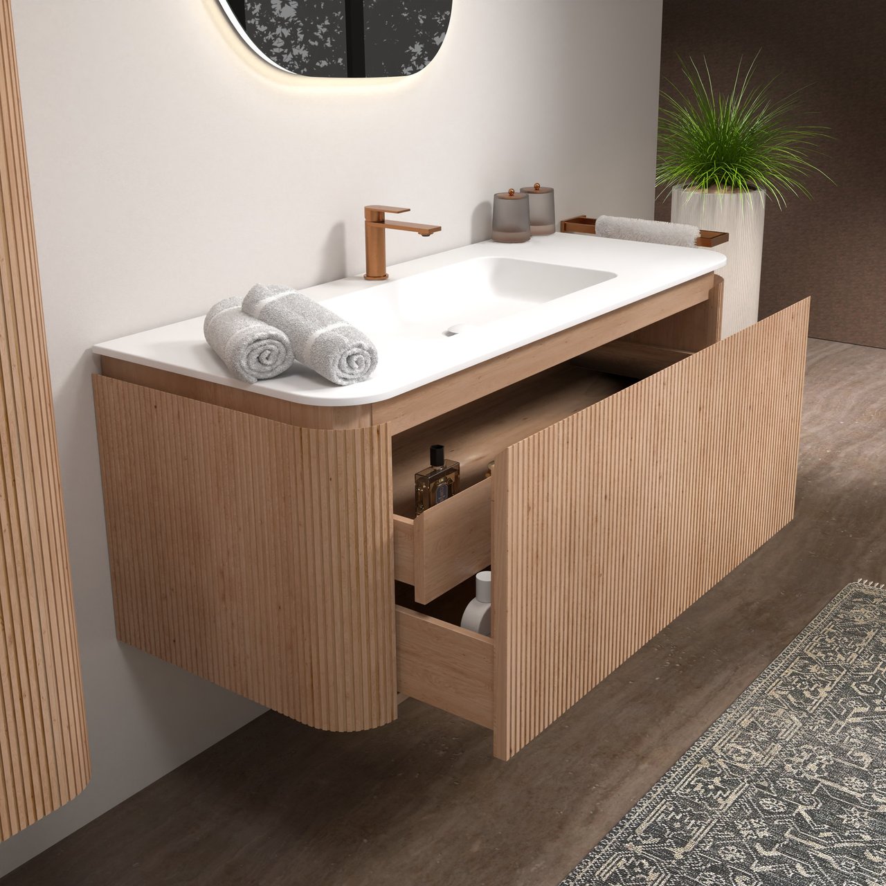 Balmani Moon hängendes Möbelstück Set: 130 x 55 cm, Naturbelassene Eiche, mit Moon Einzelwaschtisch, Solid Surface, Weiß matt, Vertikale symmetrische gerade Rippe