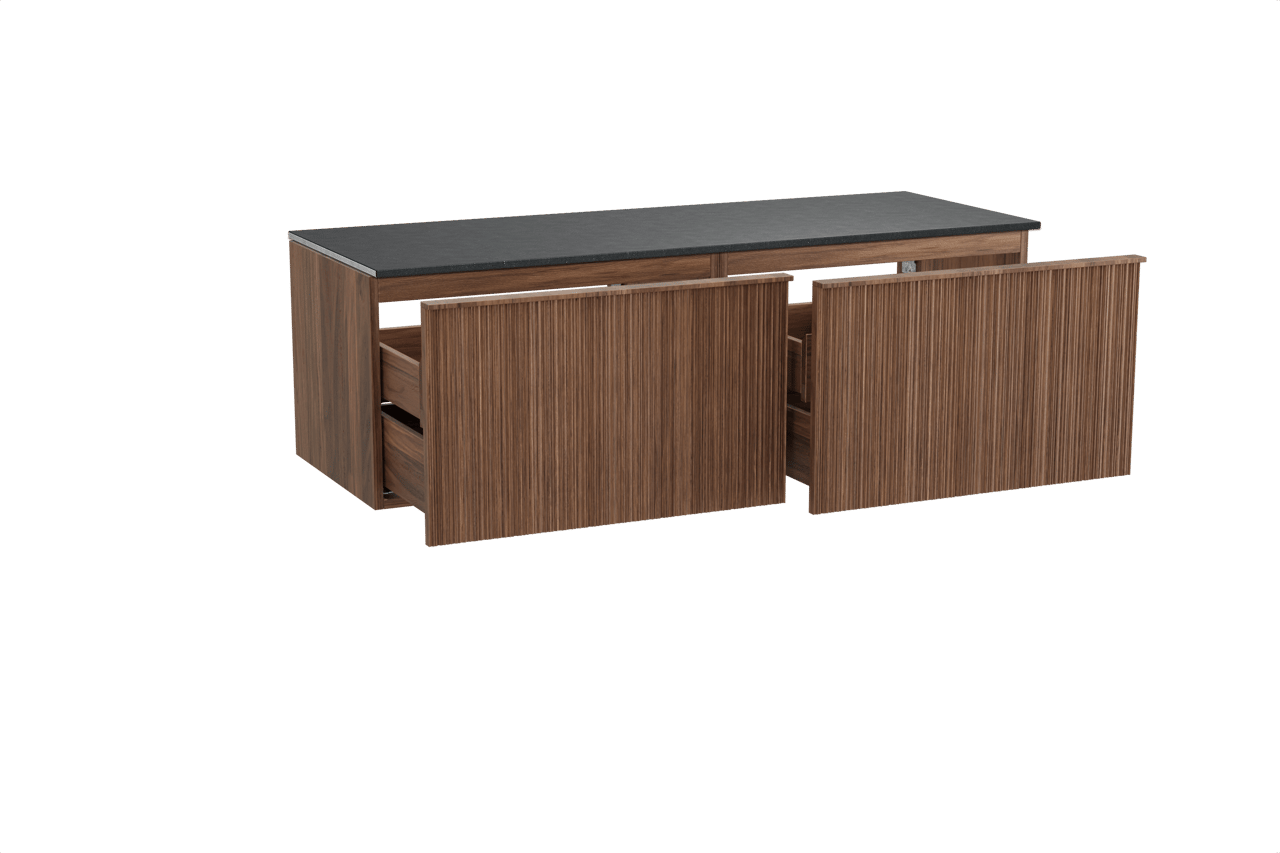 Balmani Forma zwevend badmeubel 150 x 55 cm amerikaans notenhout met Stretto enkel of dubbel wastafelblad in zwart graniet, Verticale asymmetrische ronde ribbel