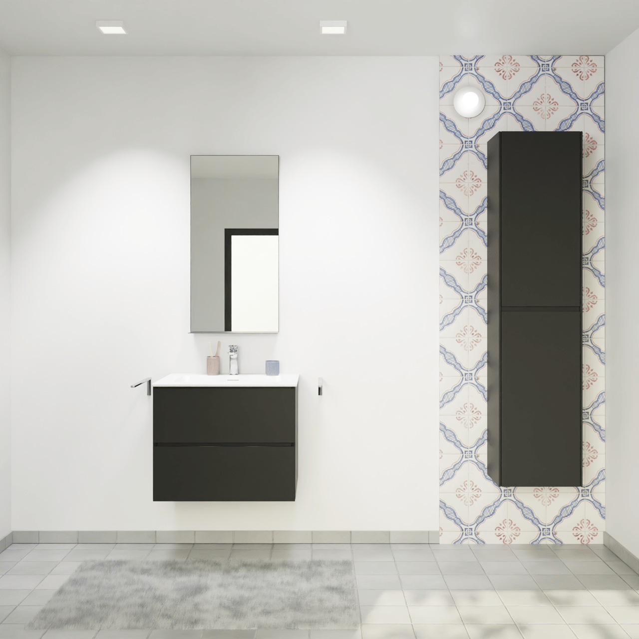 Storke Edge meuble salle de bains suspendu 65 x 52 cm noir mat avec Mata plan simple en solid surface blanc mat