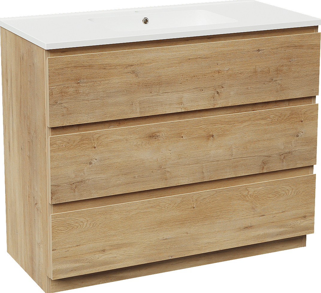 Linie Lado freistehendes Möbelstück Set: 100 x 46 cm, Naturbelassene Eiche, mit Vano Einzelwaschtisch, Marmorkomposit Weiß matt