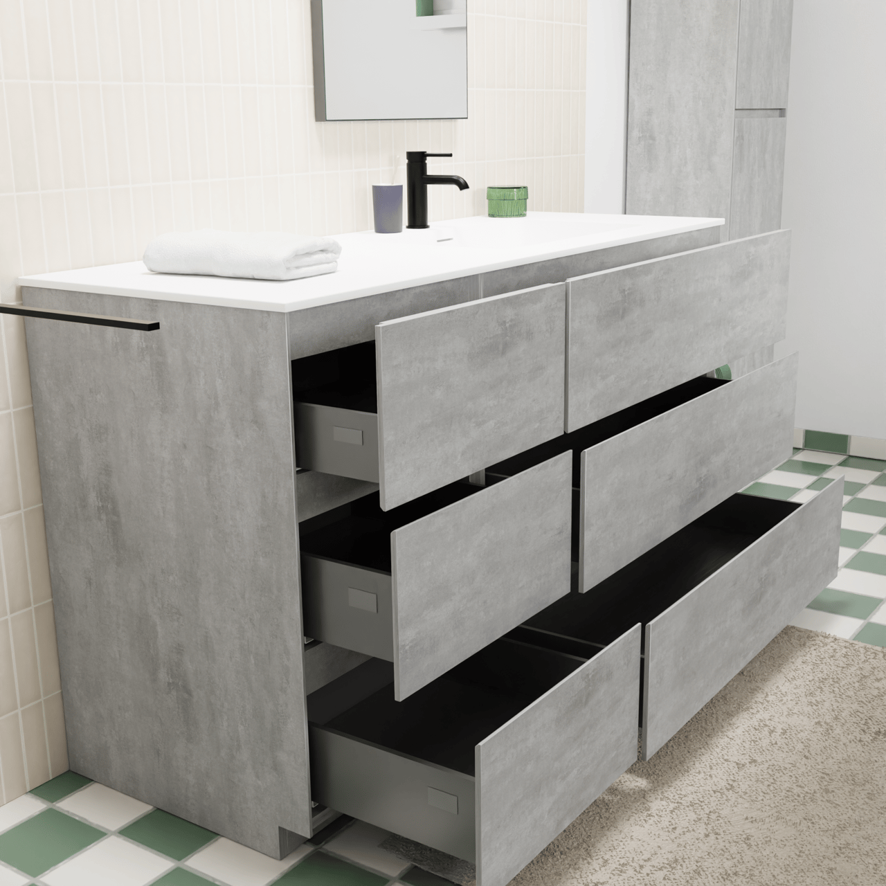 Storke Edge meuble salle de bains à poser 140 x 52 cm béton gris foncé avec Mata plan vasque asymétrique à droite en solid surface blanc mat