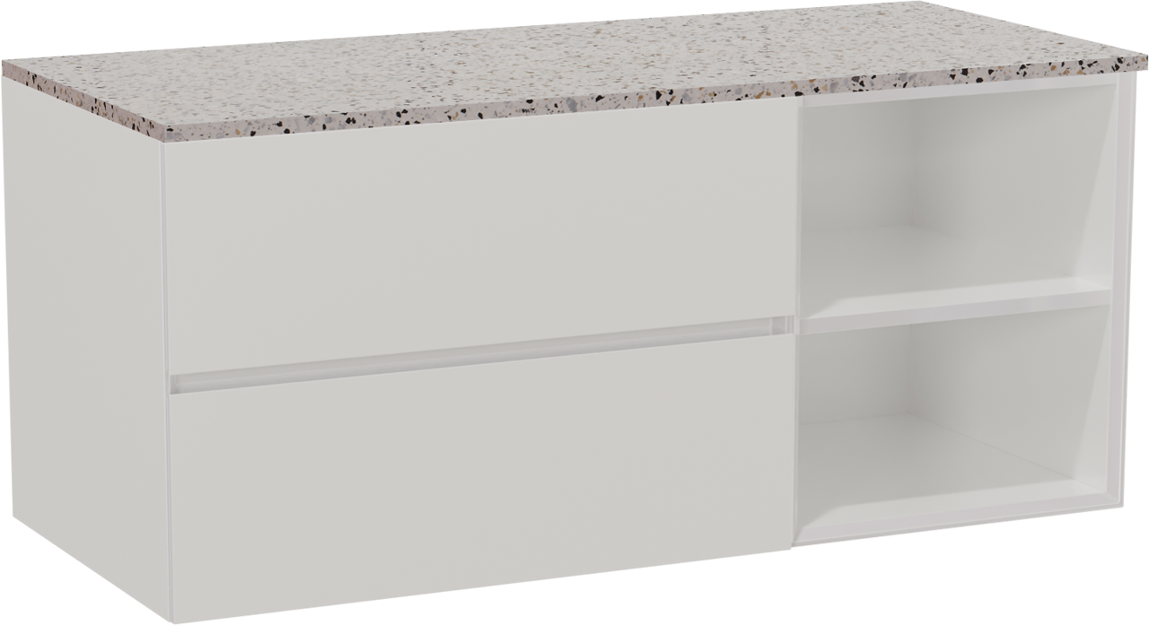 Storke Edge zwevend badkamermeubel 120 x 52 cm glanzend wit met Tavola enkel of dubbel tablet in mat wit/zwart terrazzo