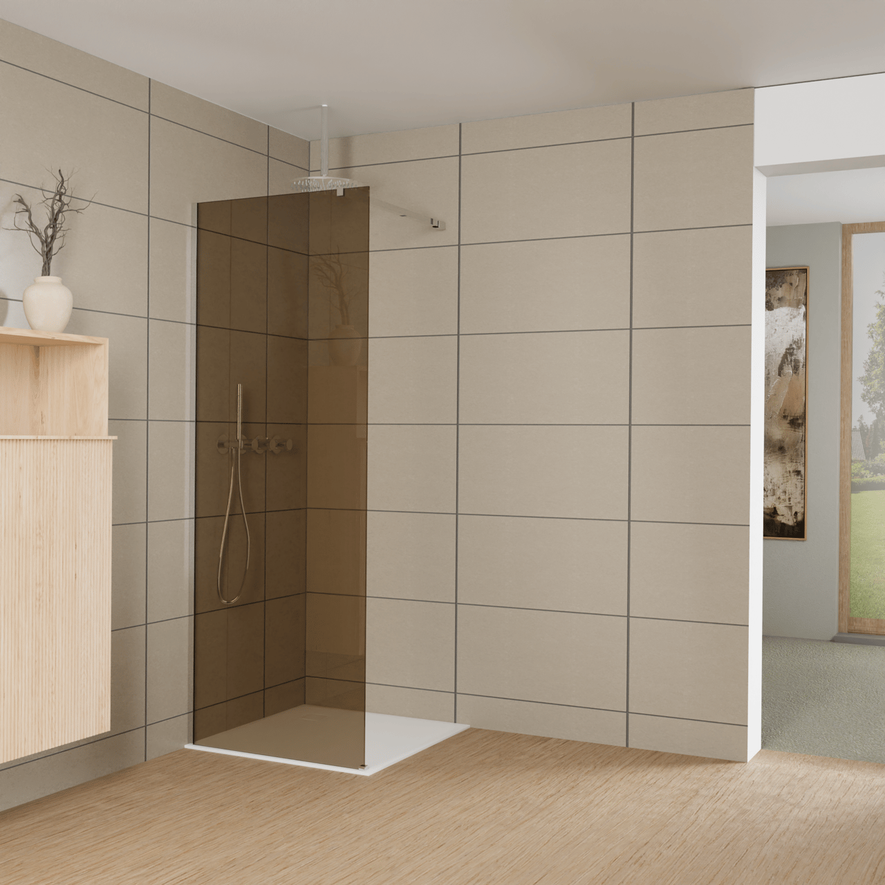 Balmani Modular inloopdouche: 80 x 200 cm, Brons glas, Hoogglans chroom profielen