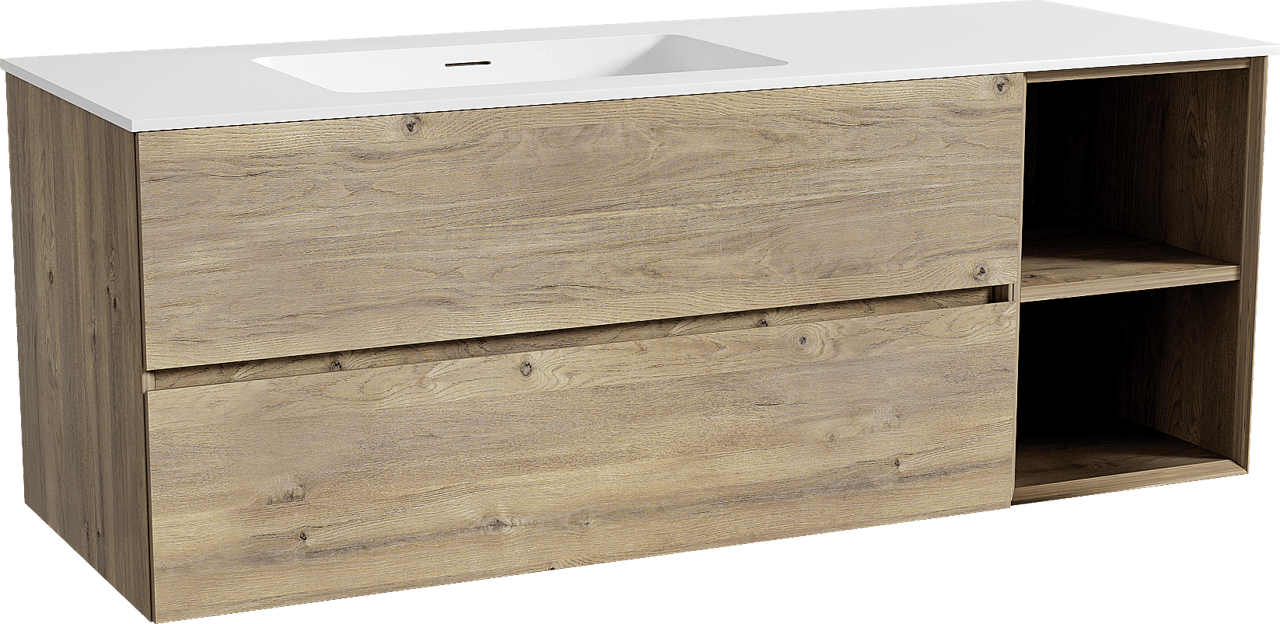 Storke Edge meuble salle de bains suspendu 140 x 52 cm chêne brut avec Mata plan vasque asymétrique à gauche en solid surface blanc mat