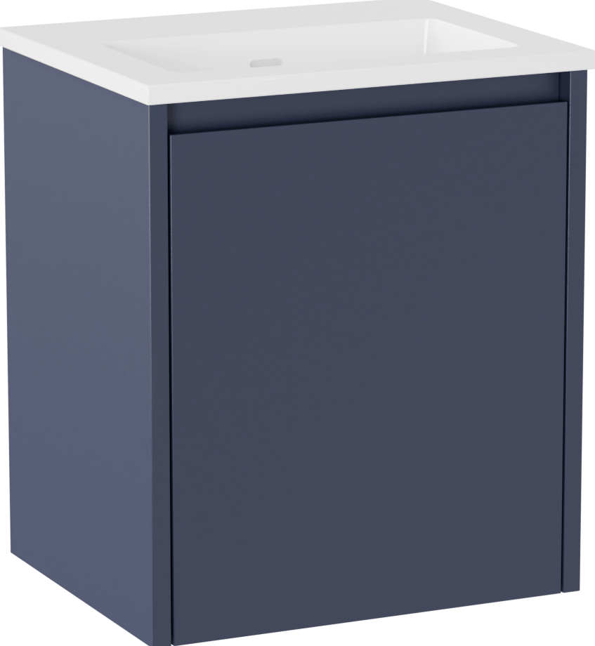 Storke Seda meuble salle de bains suspendu 45 x 35 cm bleu nuit avec Diva plan simple en marbre composite blanc brillant