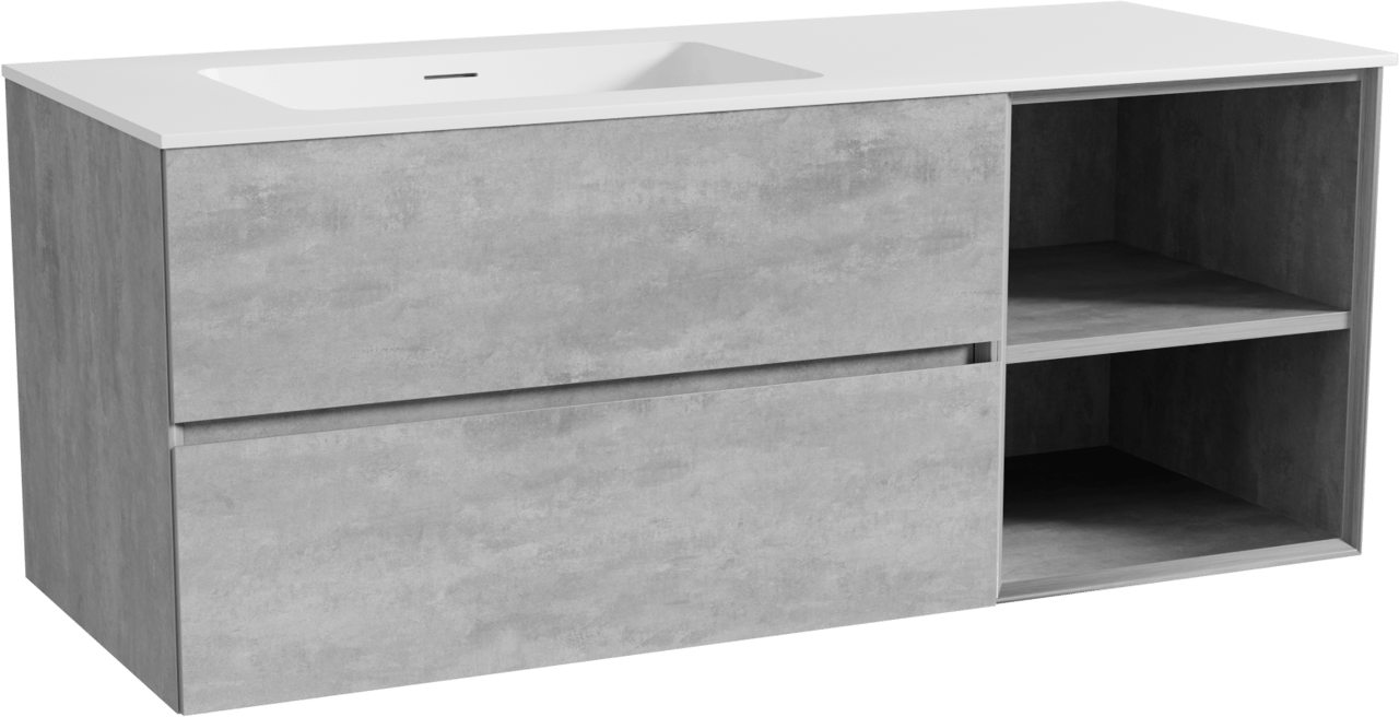 Storke Edge zwevend badkamermeubel 130 x 52 cm beton donkergrijs met Mata asymmetrisch linkse wastafel in solid surface mat wit