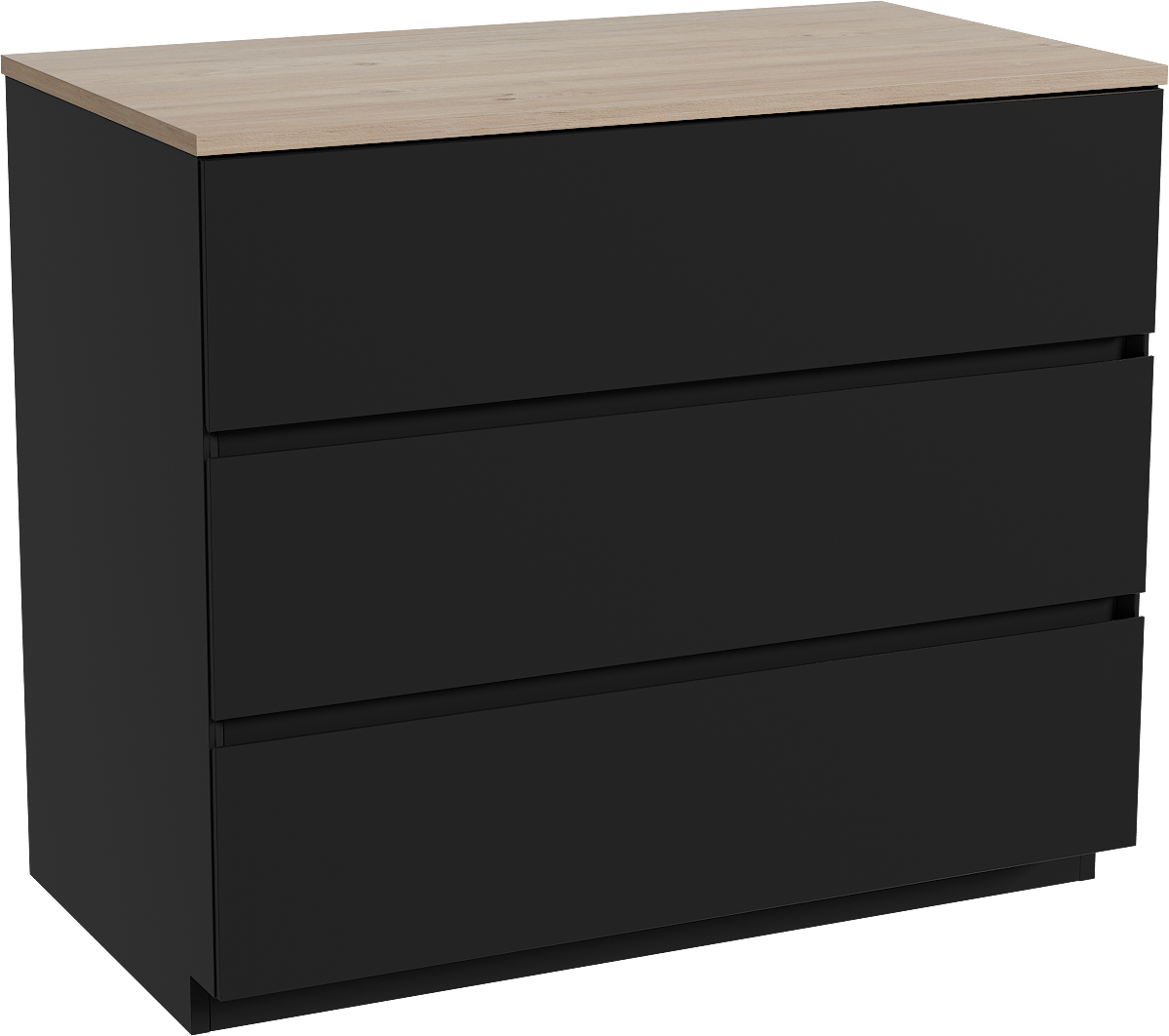 Storke Edge freistehendes Möbelstück Set: 95 x 52 cm, Schwarz matt, mit Panton Einzel Waschtischplatte, Melamin Rohe Eiche
