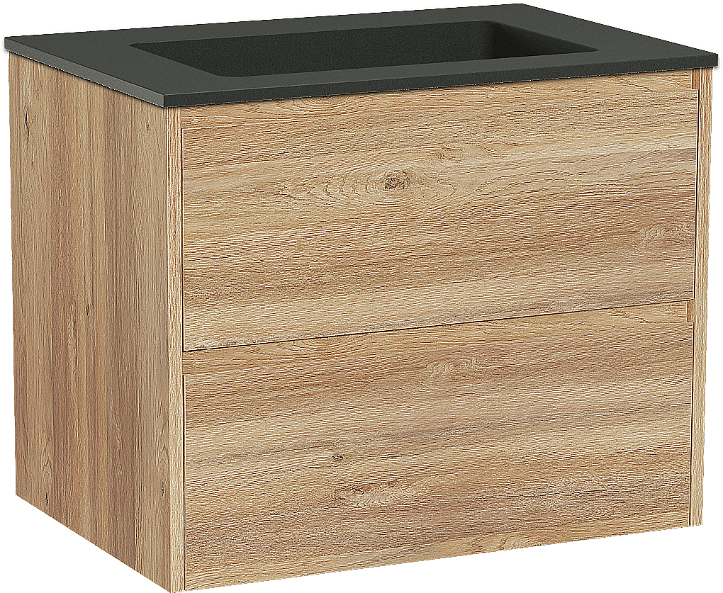 Storke Seda meuble salle de bains suspendu 75 x 52 cm chêne brut avec Scuro plan simple en quartz noir mat