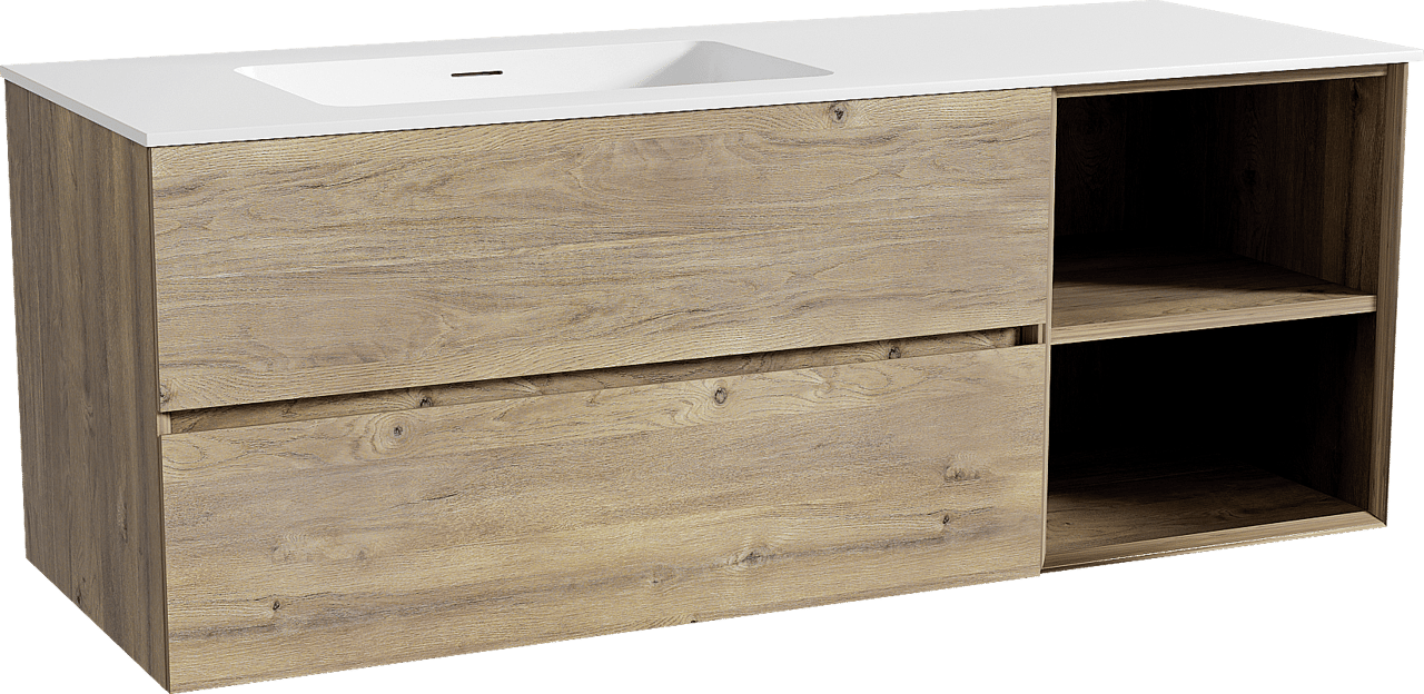 Storke Edge zwevend badkamermeubel 140 x 52 cm ruwe eik met Mata asymmetrisch linkse wastafel in solid surface mat wit