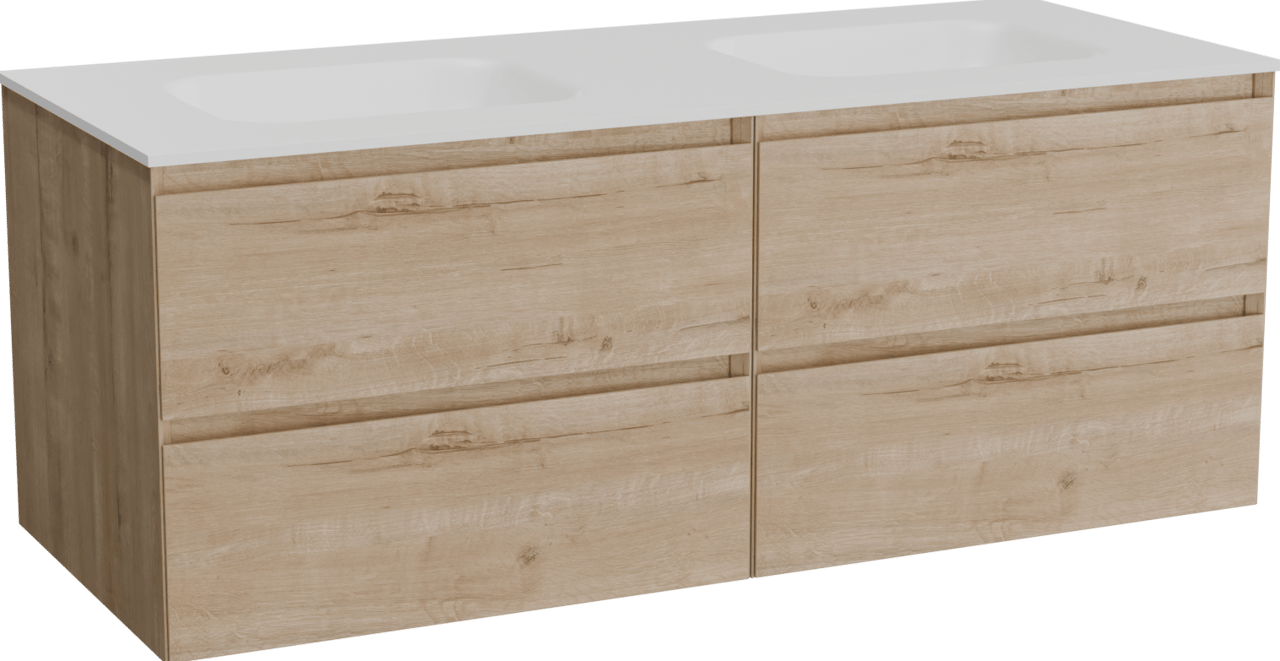 Balmani Mitra hängendes Möbelstück Set: 135 x 55 cm, Rohe Eiche, mit Tablo Arcato Doppelwaschtisch, Solid Surface Weiß matt