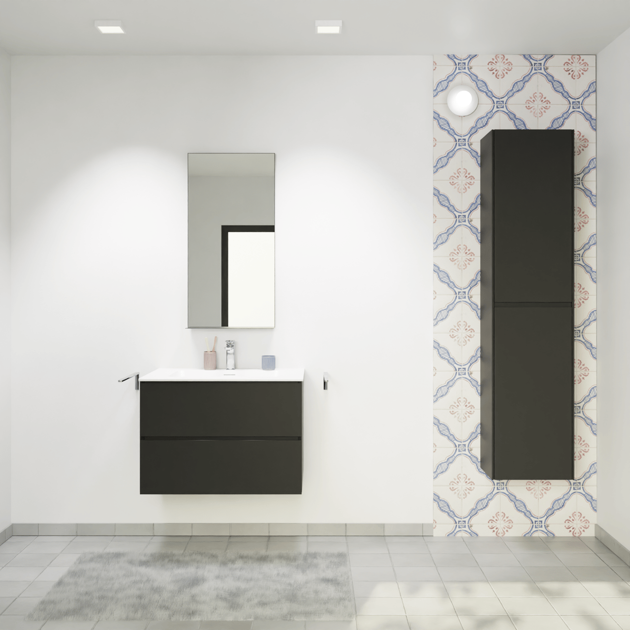Storke Edge meuble salle de bains suspendu 75 x 52 cm noir mat avec Mata plan simple en solid surface blanc mat