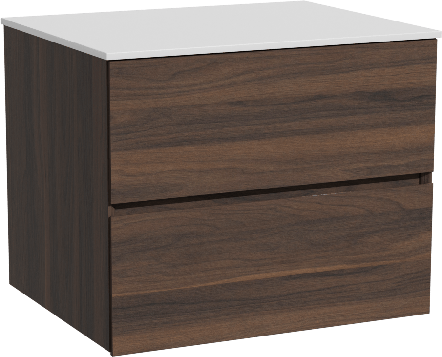 Storke Edge zwevend badmeubel 65 x 52 cm notenhout met Tavola enkel wastafelblad in solid surface mat wit