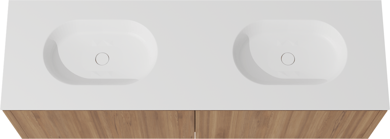 Balmani Eclips meuble salle de bains suspendu 180 x 55 cm Teck avec Tablo Oval double vasque en Solid Surface blanc mat