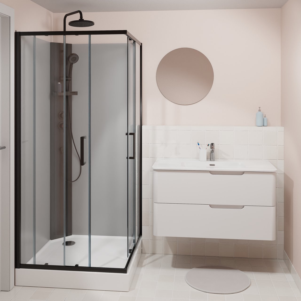 Linie Salta douchecabine met schuifdeuren 90 x 90 cm helder glas zwart profiel met kraan