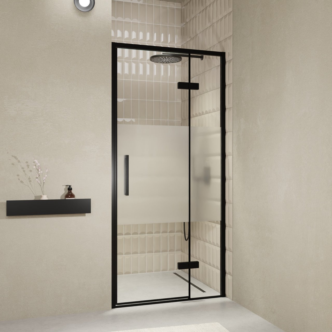 Balmani Senses Design douche draaideur rechts 100 cm x 210 cm Helder glas met matte strook, Zwarte profielen