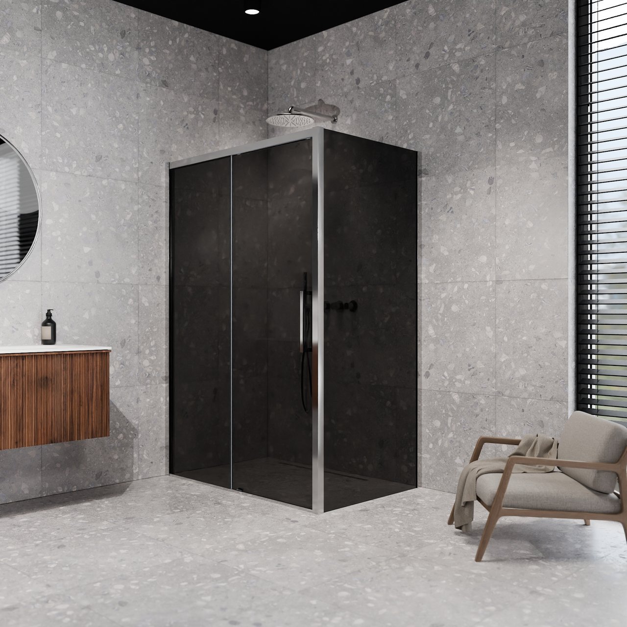 Balmani Senses Design douche d'angle avec porte coulissante à gauche et paroi latérale fixe, 140 x 100 cm, Verre fumé, Profil Chrome brillant, coating inclus