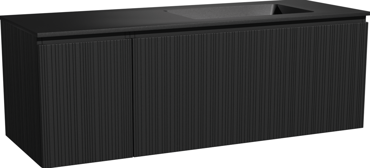Storke Ribs zwevend badmeubel 140 x 52 cm zwart eiken met Scuro asymmetrisch rechtse wastafel in kwarts mat zwart, Verticale asymmetrische rechte ribbel