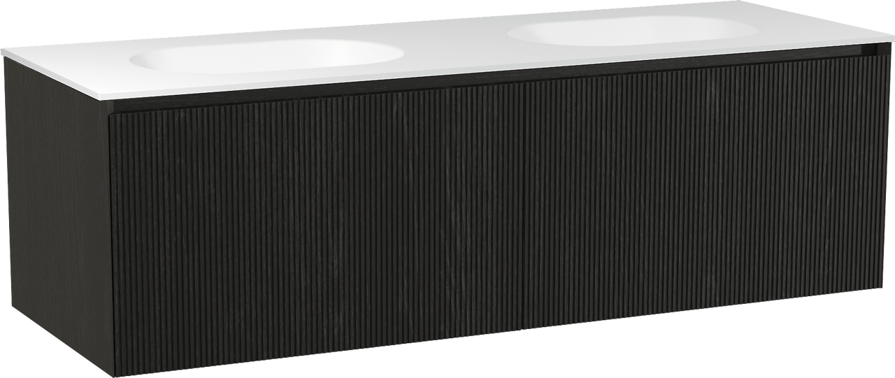 Balmani Fila by Mitra zwevend badmeubel 150 x 55 cm zwart eiken met Tablo Oval dubbele wastafel in solid surface mat wit, Verticale symmetrische rechte ribbel