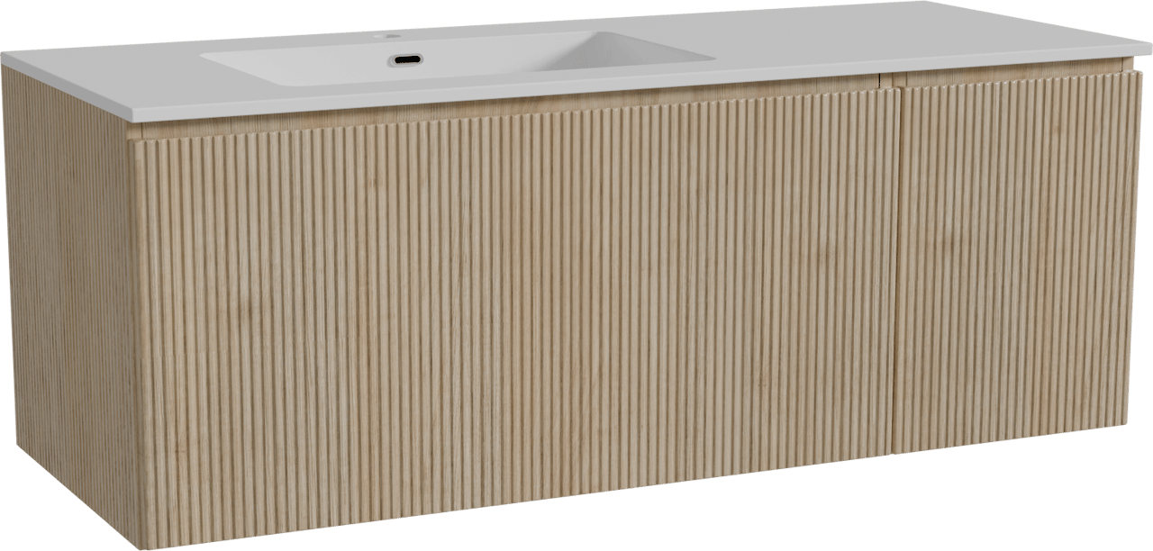 Storke Ribs zwevend badmeubel 130 x 52 cm ruw eiken met Diva asymmetrisch linkse wastafel in composietmarmer hoogglans wit, Verticale symmetrische rechte ribbel