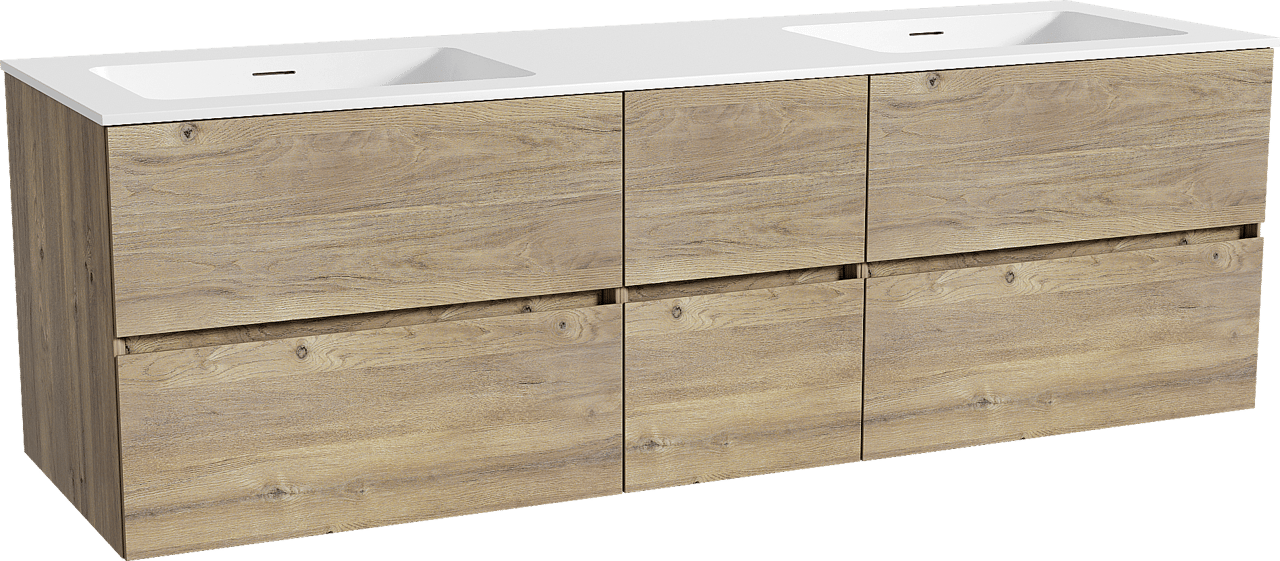 Storke Edge zwevend badkamermeubel 165 x 52 cm ruwe eik met Mata dubbele wastafel in solid surface mat wit
