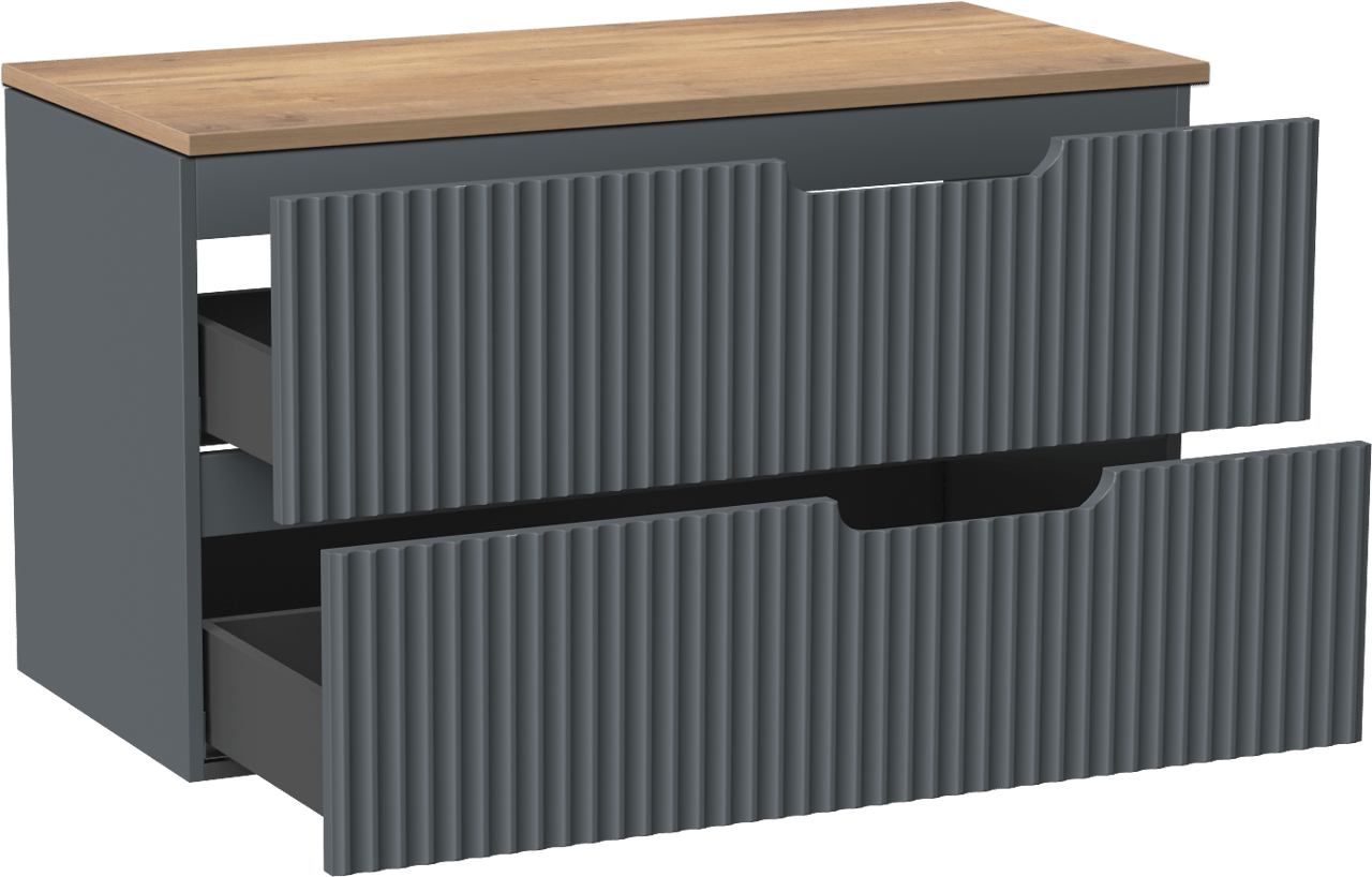 Linie Ribbo zwevend badmeubel 100 x 46 cm blauw antraciet met Lado enkel of dubbel wastafelblad in melamine naturel eiken, Verticale symmetrische ronde ribbel