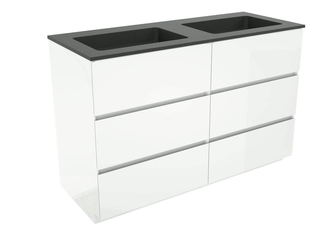 Storke Edge freistehendes Möbelstück Set: 130 x 52 cm, Weiß glänzend, mit Scuro Doppelwaschtisch, Quarz Schwarz matt