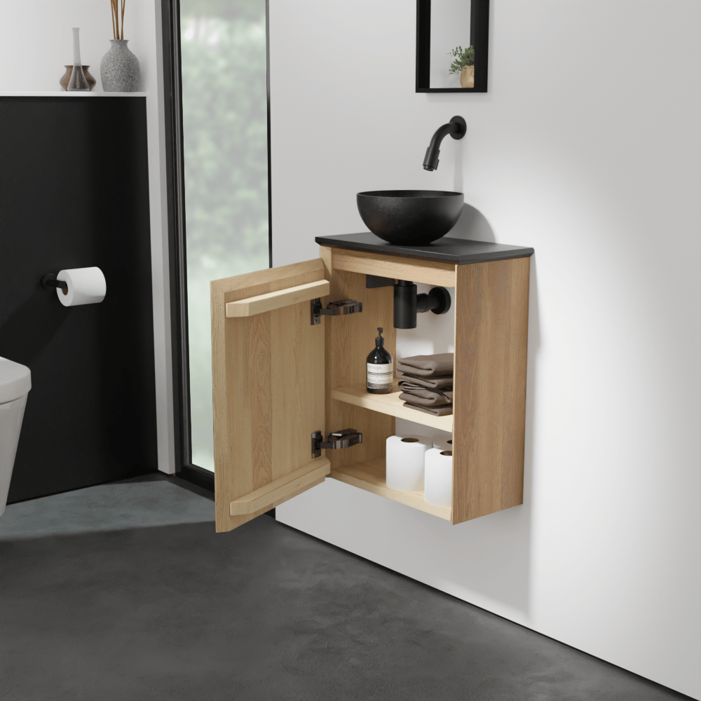 Balmani Mitra zwevend toiletmeubel 42 x 21 cm natuur eik met Facetta tablet en Bari XS waskom in verzoete graniet
