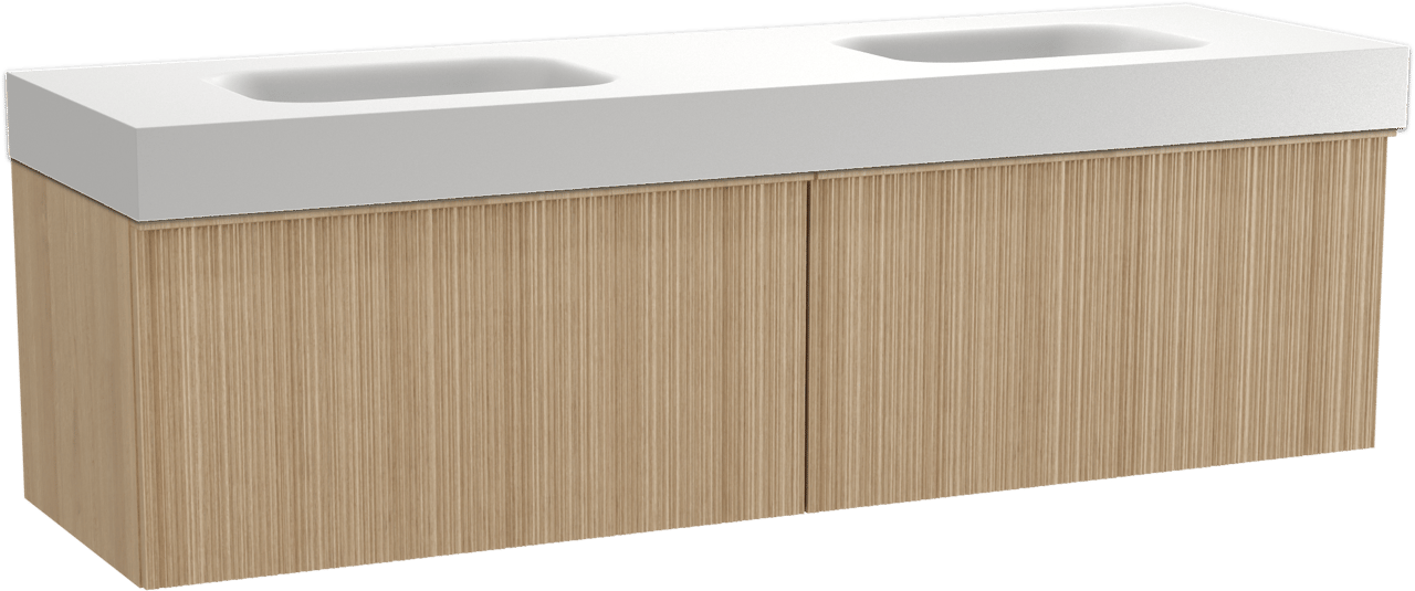 Balmani Forma zwevend badkamermeubel 180 x 55 cm natuur eik met Arcato dubbele wastafel in solid surface mat wit, Verticale asymmetrische ronde ribbel
