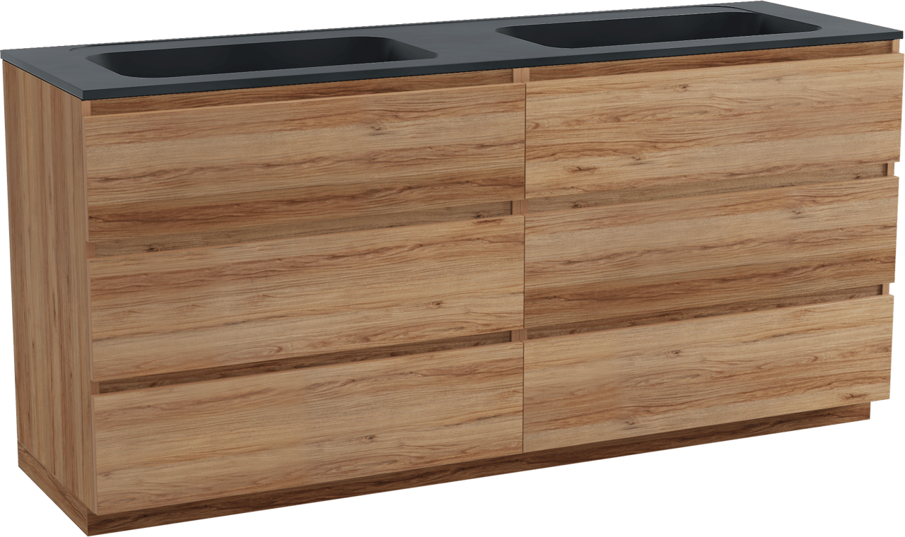 Balmani Lucida freistehendes Möbelstück Set: 180 x 55 cm, Teak, mit Tablo Strada Doppelwaschtisch, Marmorkomposit Schwarz matt